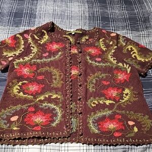 Peruvian Connection  Floral Brown Sgort Sleeve Cardigan Size L NWOT